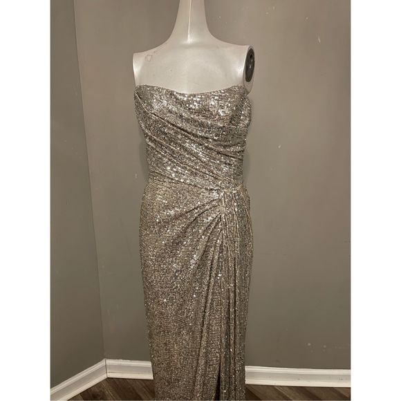 Monique Lhuillier Strapless Sequin-Embellished Draped Gown - Picture 3 of 8